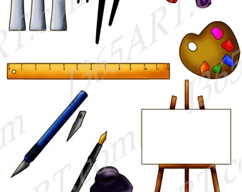 Art Supplies Clipart, Art Supplies Clip art, Painting, Scrapbooking, School, Paint Brushes, Paints, Easel, Ink, Png JPEG, Commercial