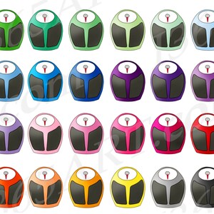 May include: A collection of colorful, cartoon-style bathroom scales. Each scale features a rounded top with a circular dial and a needle, and a black, rectangular base. The scales come in various colors, including green, blue, purple, pink, red, orange, yellow, gray, and black.