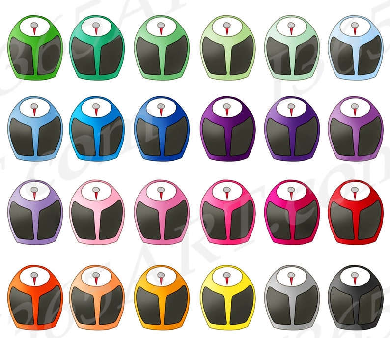 May include: A collection of colorful, cartoon-style bathroom scales. Each scale features a rounded top with a circular dial and a needle, and a black, rectangular base. The scales come in various colors, including green, blue, purple, pink, red, orange, yellow, gray, and black.
