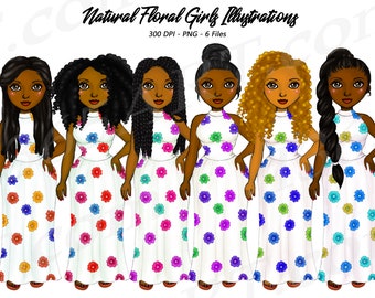 Fashion Girls Clipart, Black Woman PNG, African American, Floral Dresses, Spring Fashion, Afro Ladies, Melanin Poppin, Curly Hair, PNG