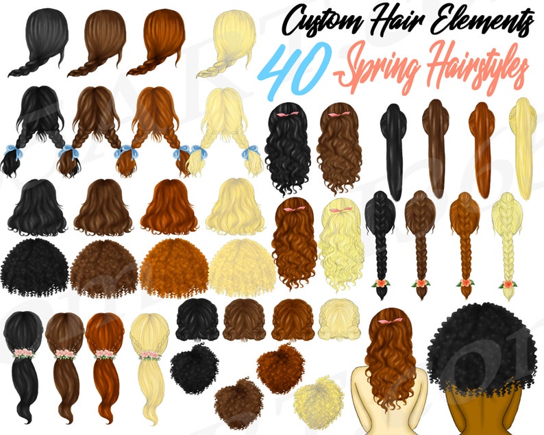 Spring hairstyles clipart, Custom Spring Hairstyles, Hairstyle Clipart, Flower Hairstyles, Women, April Fashion, DIY, Planner, Illustrations image 1