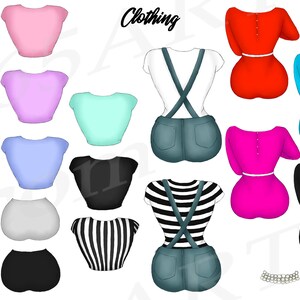 May include: A set of 15 digital illustrations of clothing items, including tops, shorts, and overalls. The clothing is in various colors, including pink, blue, green, black, white, and red.