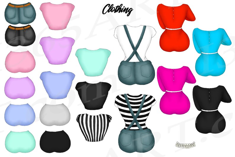 May include: A set of 15 digital illustrations of clothing items, including tops, shorts, and overalls. The clothing is in various colors, including pink, blue, green, black, white, and red.