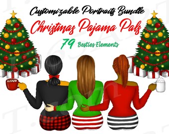 Best Friends Clipart, Christmas Best Friends Clipart, Christmas Pajamas Clipart, Custom Besties Clipart, Holiday Girls Clipart, PNG Download