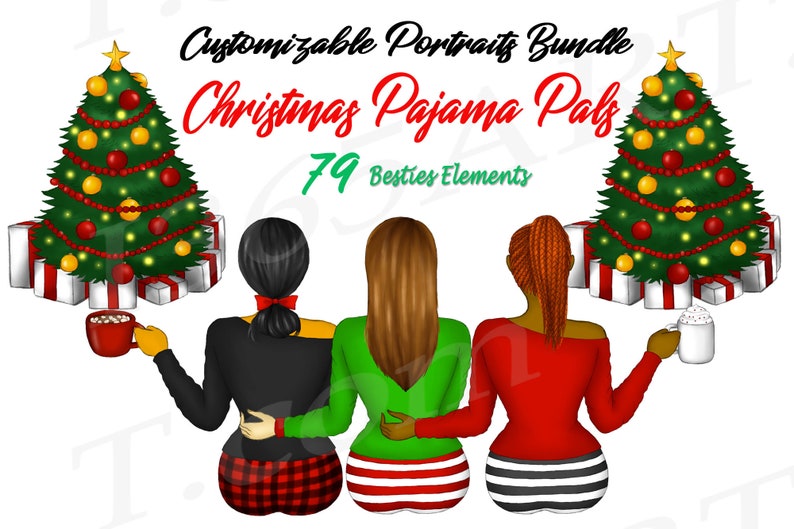 Best Friends Clipart, Christmas Best Friends Clipart, Christmas Pajamas Clipart, Custom Besties Clipart, Holiday Girls Clipart, PNG Download image 1