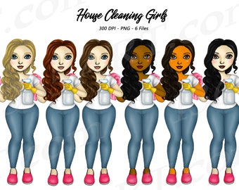 Chibi Cleaning Girl Clipart, African American, Curvy (PNG)