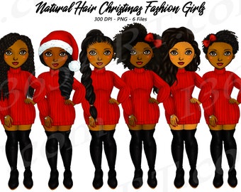 Clipart de niñas de Navidad, cabello natural, imágenes prediseñadas de niña negra, imágenes prediseñadas de mujeres negras, afroamericano, niña de vacaciones, imágenes prediseñadas de niña de invierno, con curvas