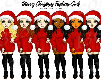 Christmas Girls Clipart, Christmas Fashion, Red, Santa Hat Girls, Fashion Girls, Winter Fashion, Planner Girl, Curvy, African American
