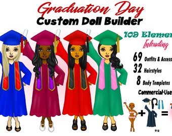 Graduation Custom Doll Builder Clipart, Cap Gown PNG (Digital Download)
