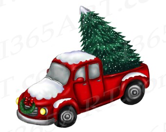 Akvarell jullastbil Clipart, röd lastbil, julgran (PNG/JPEG)
