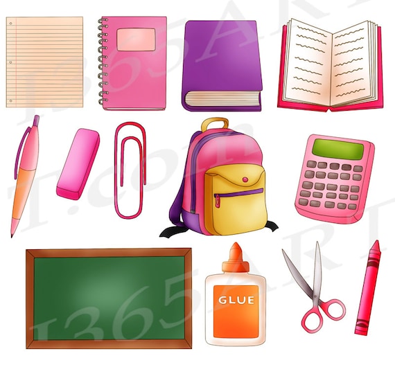 School Supplies Pink - Back to School Stationary Clip Art