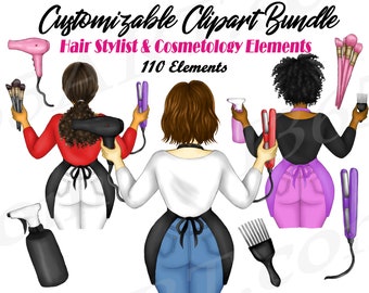 May include: A digital illustration clipart bundle of 110 elements for hair stylists and cosmetologists. The image shows three women with different hairstyles and skin tones, wearing black aprons and holding various hair styling tools, including hair dryers, curling irons, combs, and brushes.