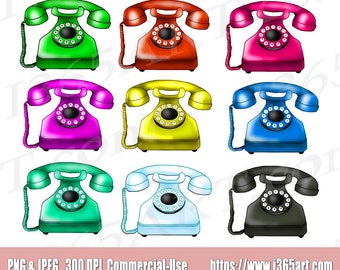 Retro Rotary Telephone Clipart, PNG JPEG (Digital Download)