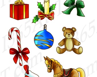 Merry Christmas Clipart Set, Objects, Scrapbooking, Holiday Gingerbread, Candy Cane, Gift Box, Rocking Horse, Ornament, Stocking PNG