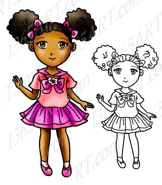 Buy 3 Get 1 Free African American Girl Clipart Black Girl Afro Puffs Digital Stamp Clip Art Coloring Page Cute School Girl Chibi By I 365 Art Catch My Party