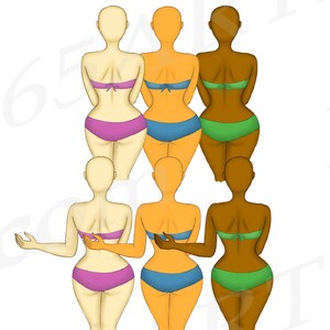 K&ouml;nnte beinhalten: Sechs Illustrationen von Frauen in verschiedenen Hautt&ouml;nen, die passende Bikini-Oberteile und -Hosen tragen. Die Bikini-Hosen sind rosa, blau und gr&uuml;n.