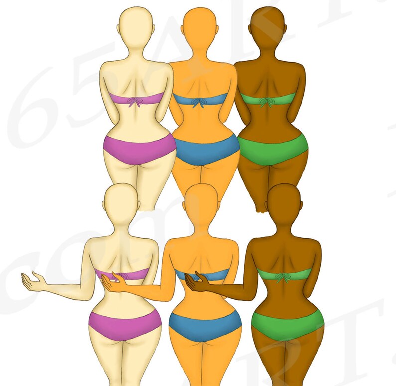 K&ouml;nnte beinhalten: Sechs Illustrationen von Frauen in verschiedenen Hautt&ouml;nen, die passende Bikini-Oberteile und -Hosen tragen. Die Bikini-Hosen sind rosa, blau und gr&uuml;n.