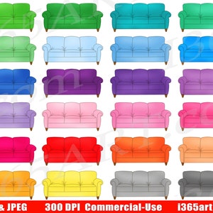 Sofa Clipart, Clip Art Couch, Planner Stickers, Digitale Symbole, Bunte Sofa Grafiken, Möbel, PNG, Kommerziell