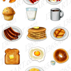 Frühstück Clipart, Frühstück Clip Art, Scrapbooking, Einladungen, Speck, Eier, Pfannkuchen, Würstchen, Waffeln, Muffins, Kaffee, Milch, PNG