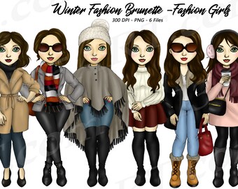 Imágenes prediseñadas de chica de invierno, ilustración de moda morena (PNG)