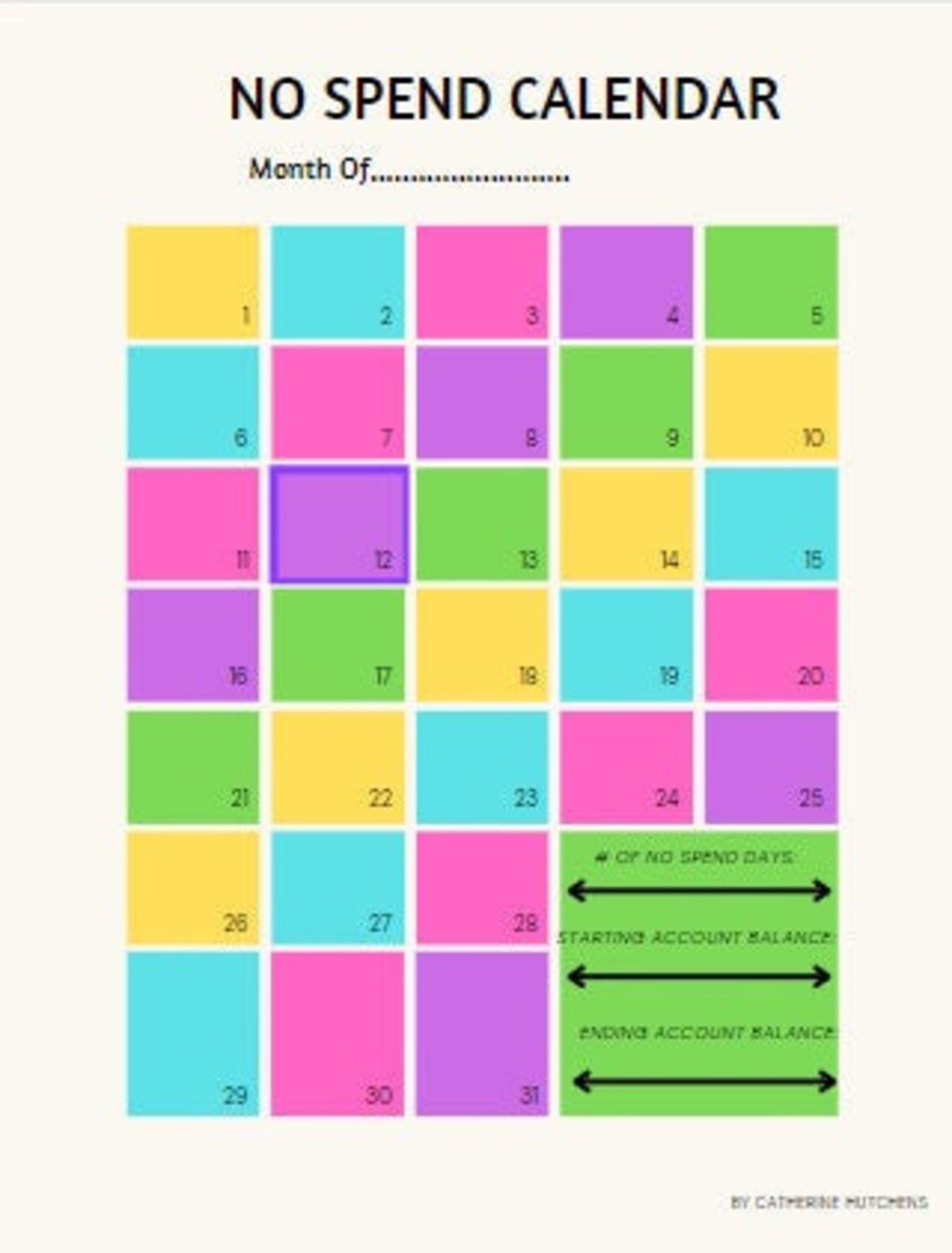 No Spend Calendar Digital Download Etsy