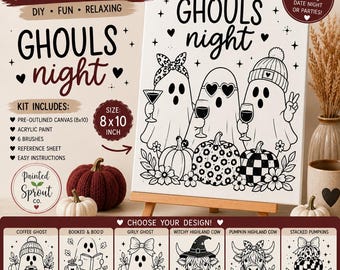 May include: A paint night kit featuring an 8x10 inch pre-outlined canvas with a Ghouls Night design of three ghosts and pumpkins. The kit includes acrylic paint, six brushes, a reference sheet, and instructions. Additional design options are shown.