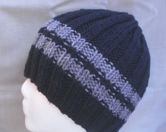 Hand knit hat/Beanie - grey w/ green stripes