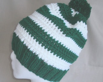 Hand knit Green w/ White stripes hat/beanie