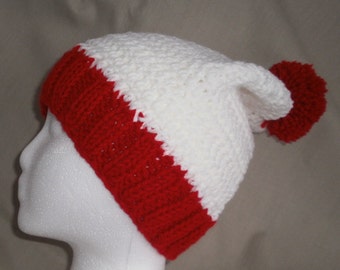 Handmade knit/crochet White & Red hat/beanie