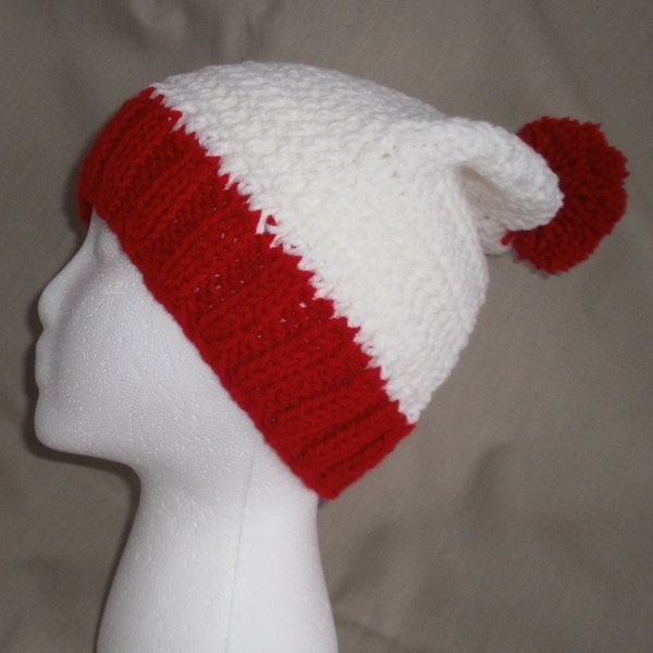 Handmade knit/crochet White & Red hat/beanie