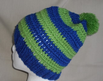 Hand knit Blue & Green striped hat/beanie