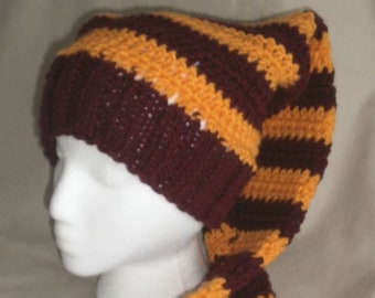Hand knit Maroon/Burgundy & Gold striped stocking hat, extra long - Free Shipping