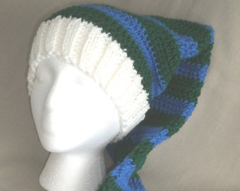 Hand knit hat/beanie -  Blue and Green striped hat, extra long