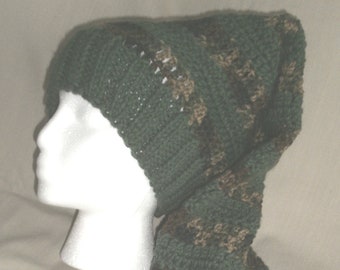 Hand knit hat/beanie -  green & camo striped, extra long