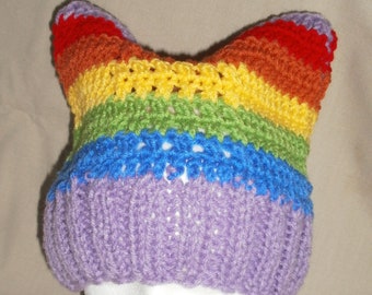 Hand knit crochet Pussy cat hat beanie - rainbow stripes