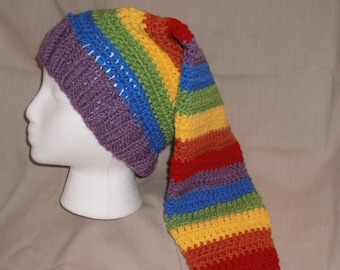 Hand knit hat/beanie -  Rainbow striped hat, extra long