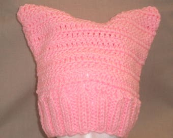 Hand knit crochet Pussy cat hat beanie - pink