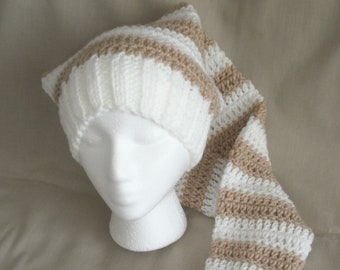 Hand knit/crochet hat -  White w/ tan stripes, extra long