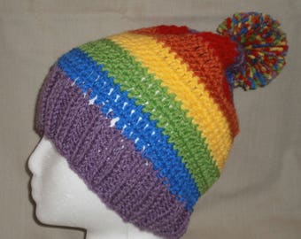 Hand knit crochet Rainbow colors striped hat beanie - adult size
