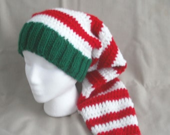 Hand knit Christmas hat - Green w/Red & White striped Santa hat, extra long - Free Shipping