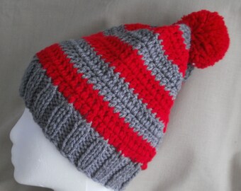 Handmade knit hat/beanie with red & dark green stripes