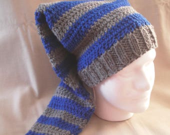 Hand knit hat/beanie -  Blue and Grey striped hat, extra long
