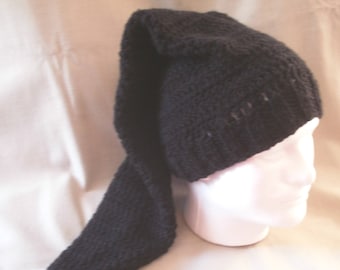 Hand knit hat/beanie -  Black hat, extra long