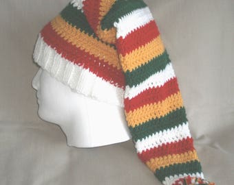 Hand knit hat/beanie -  Red, Gold, Green & White striped hat, extra long