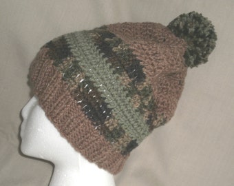 Handmade crochet hat/beanie - brown w/green and camo stripes