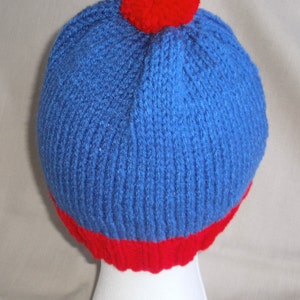 Hand knit hat/Beanie Blue & Red image 3