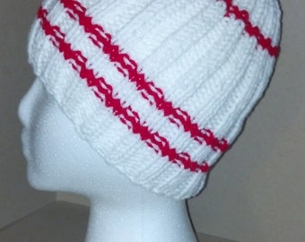 Hand knit Christmas hat/beanie - White w/ red stripes