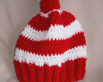 Hand knit Red & White striped hat/beanie - child size