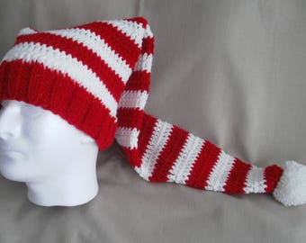 Hand knit Christmas hat -  Red & White striped Santa hat, extra long - Free Shipping