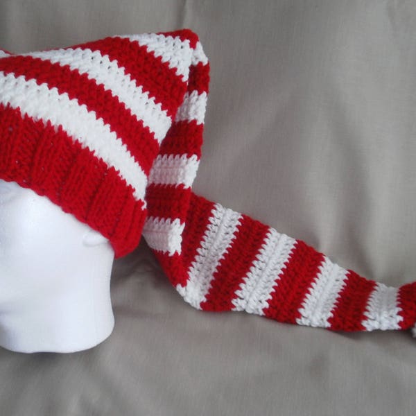 Hand knit Christmas hat -  Red & White striped Santa hat, extra long - Free Shipping